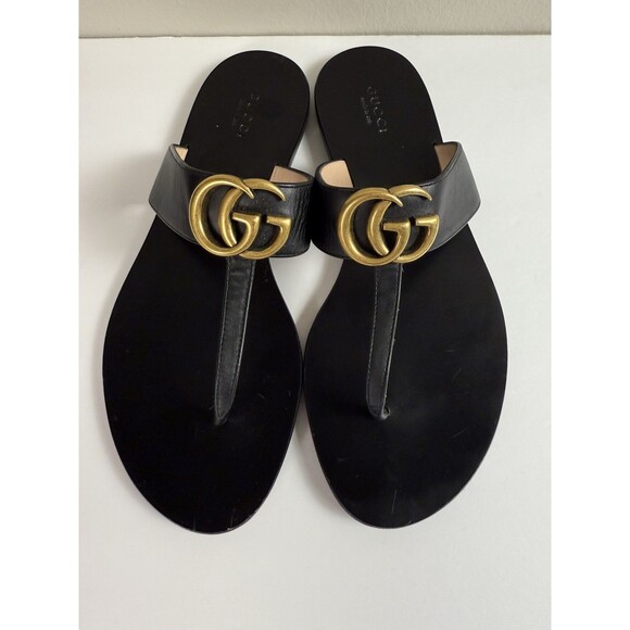 Gucci Marmont GG Thong Sandals in Black Leather Flats  EU 38 US 8 Authenticated - Picture 2 of 13